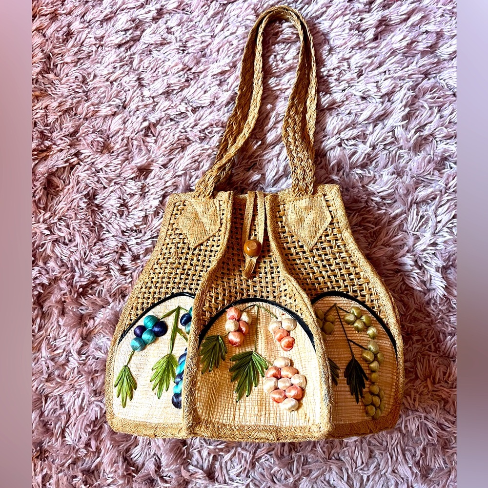Vintage Handcrafted Tan Woven Bag with Colorful Raffia Flowers